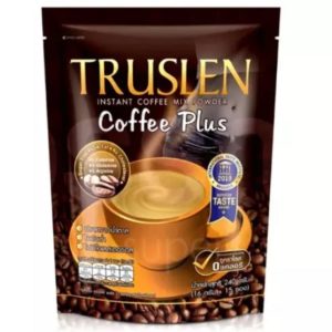 A package of Truslen Coffee Plus Slimming Coffee, containing 16g x 15 sachets, displays a design featuring a cup of coffee surrounded by beans. The benefits, such as L-carnitine and fiber, are prominently highlighted along with Thai text and a blue quality seal on the front.